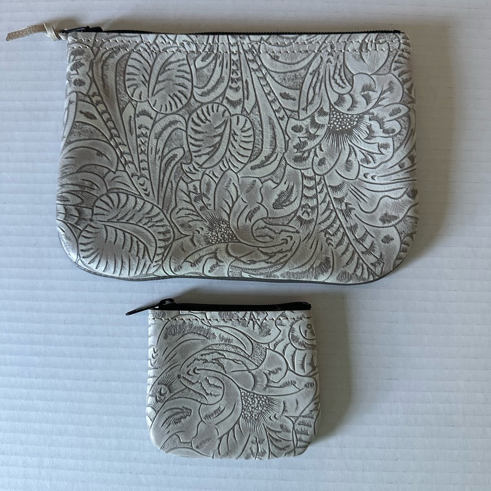 Holy Cow Couture Embossed Gray/White Floral Cosmetic Bag & Coin Purse